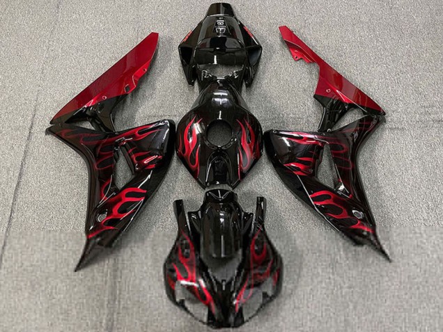Carénages Moto Honda CBR1000RR 2006-2007 - Noir Brillant Rouge Flamme